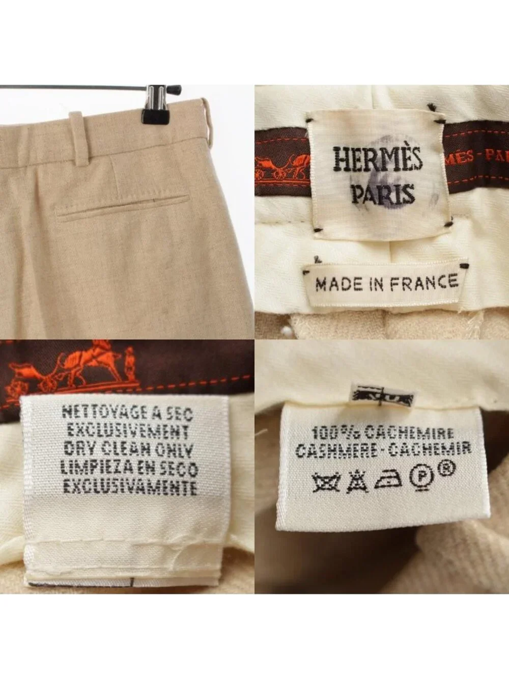 Hermes Gaultier Era Cashmere 2 Tuck Logo Line Wide Trousers Pants Beige